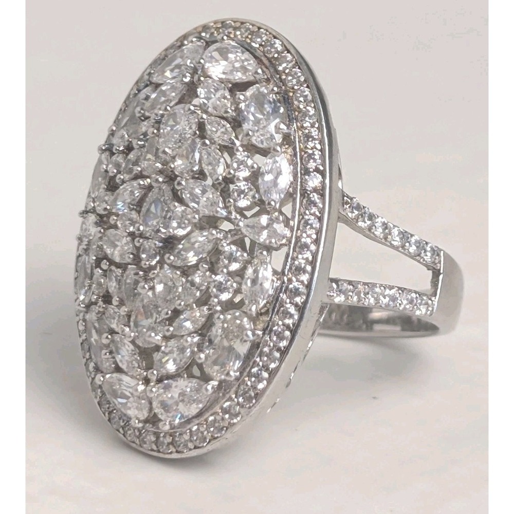 Sterling Silver 925 Large Oval CZ Cluster Cocktail Ring Marquise Pear Statement